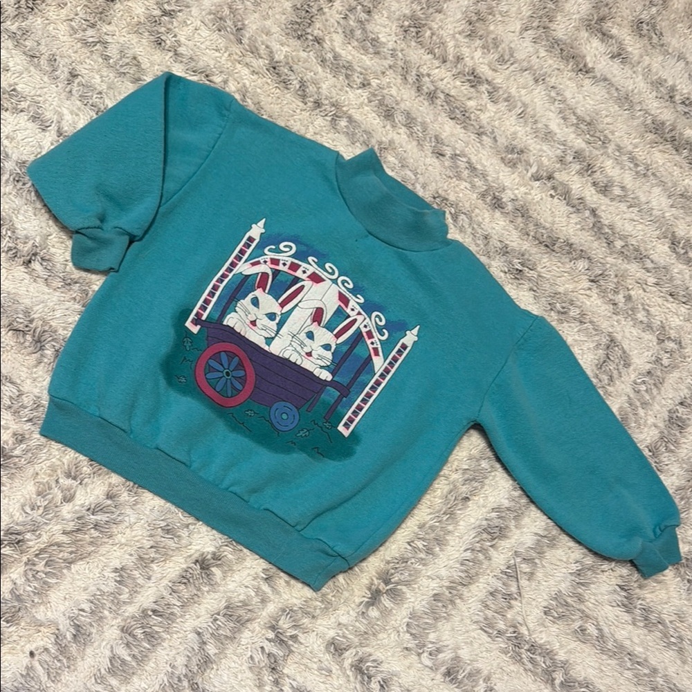 4T fantastique Vintage 1980/90s Teal Kids cowl neck Sweatshirt with Bunny Design